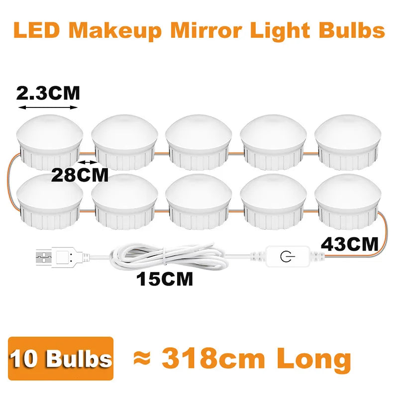 LED Makeup Mirror Light Bulbs USB Hollywood Vanity Make up Mirror Lights Bathroom Dressing Table Lighting Dimmable LED Wall Lamp