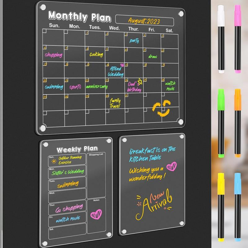 4Pcs Acrylic Magnetic Dry Erase Calendar for Fridge, Clear Acrylic Calendar Planning Board Set Magnetic Weekly Monthly Planner Menu for Refrigerator with 6 Highlight Markers Decor Metal