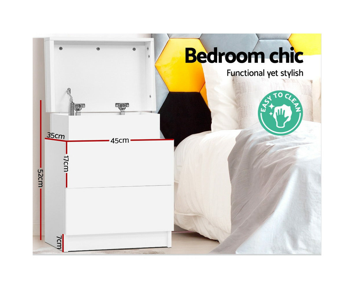 Bedside Table 2 Drawers Lift-Up Storage - COLEY White