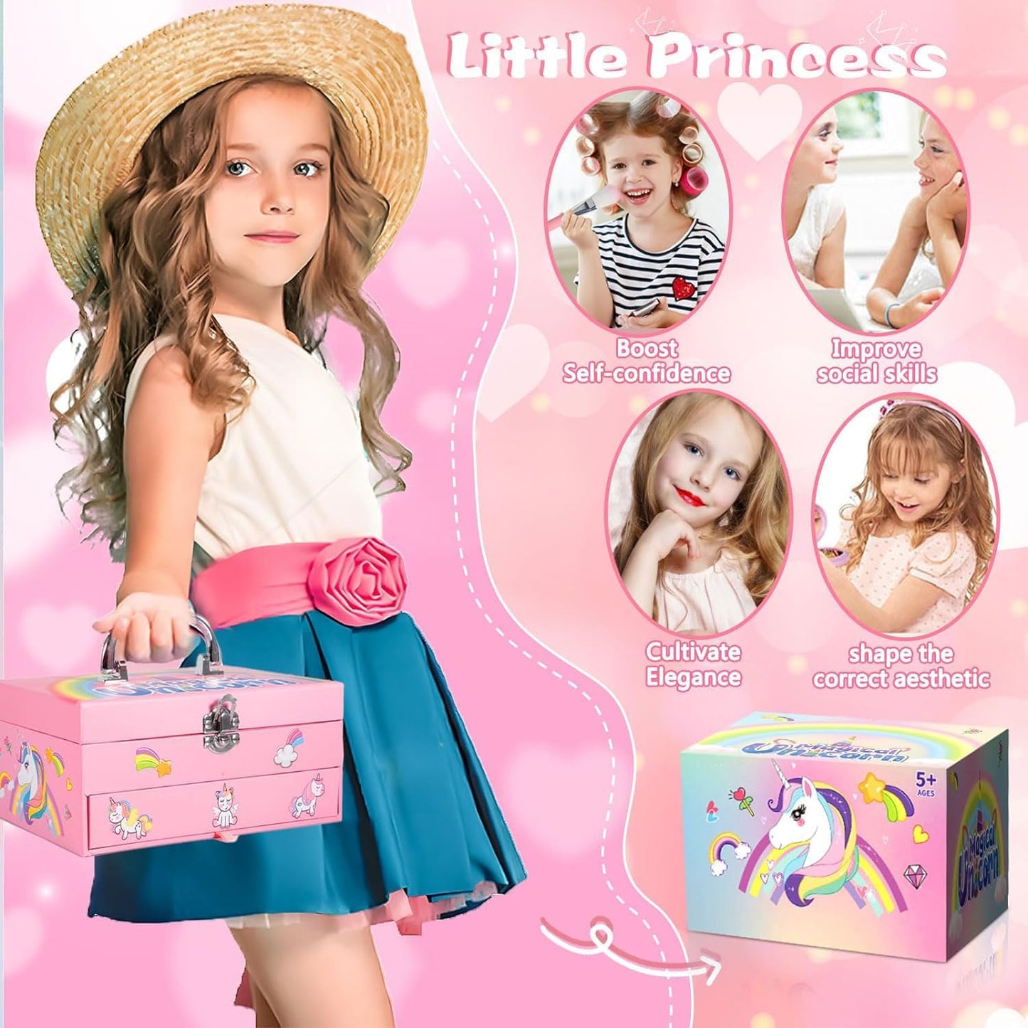 Kids Makeup Kit for Girl with Unicorn Box, Princess Toys Real Washable Cosmetic Set with Mirror & Rings, Safe & Non-Toxic, Play Make up Birthday Gifts for 3 4 5 6 7 8 9 10 11 12 Years Old Kid (Pink)