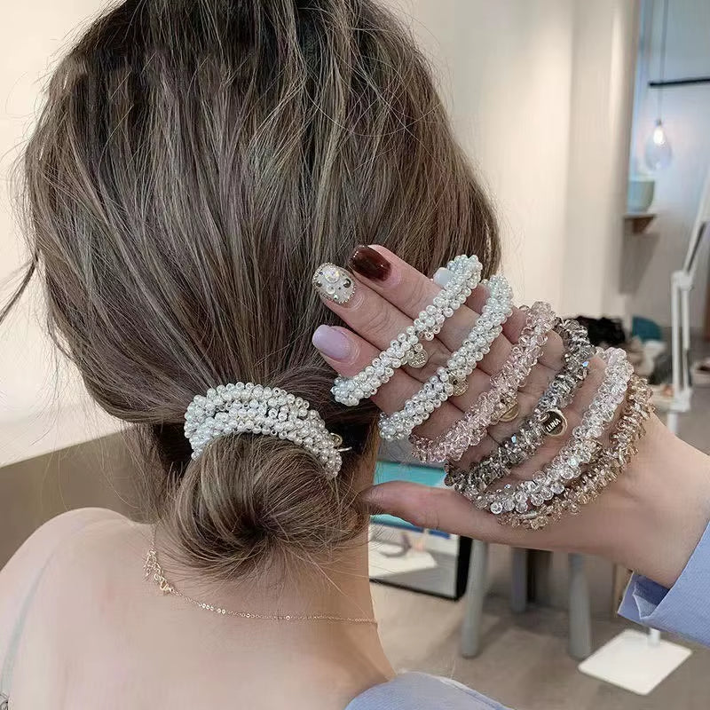 3Pcs Full Beads Hair Tie Crystal Hair Ties Elastic Hair Scrunchies Faux Pearl Hair Ropes Ponytail Holders Hair Accessories