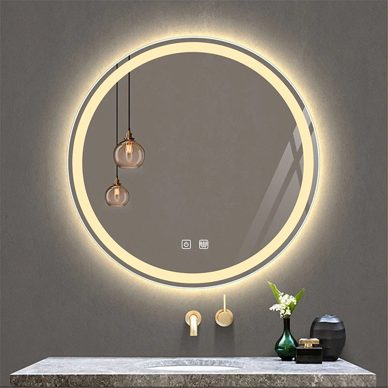 31Inch round Smart Make-Up Mirror with LED Light Backlight Tri-Color Touch Defogging Wall Hanging Bathroom Mirror Vanity Mirror