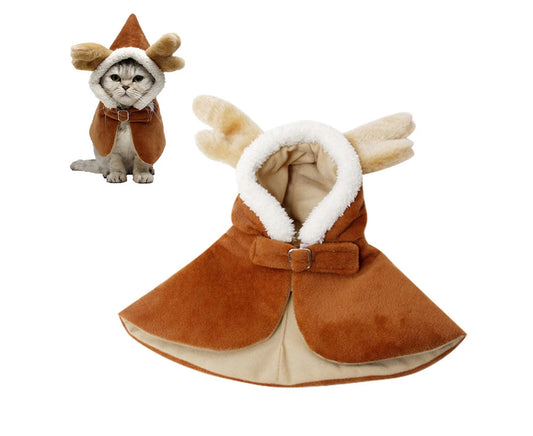 Home Winter Christmas Pet Cat Dog Cold Protection Thick Plush Cloak Antler Hat