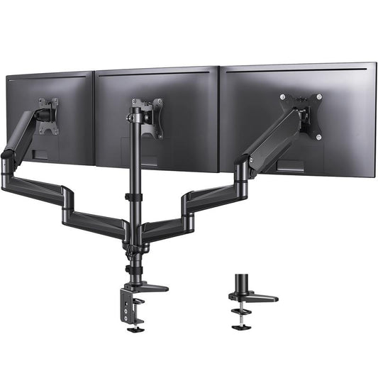 HUANUO Triple Monitor Mount for 17 to 32 Inch Screens, Gas Springs Adjustment Triple Monitor Stand with Swivel, Tilt, Rotation, Clamp & Grommet Kit Height Adjustable Desk Vesa Bracket Base S Length Hydrolic Moniter Arm Soporte Para Support