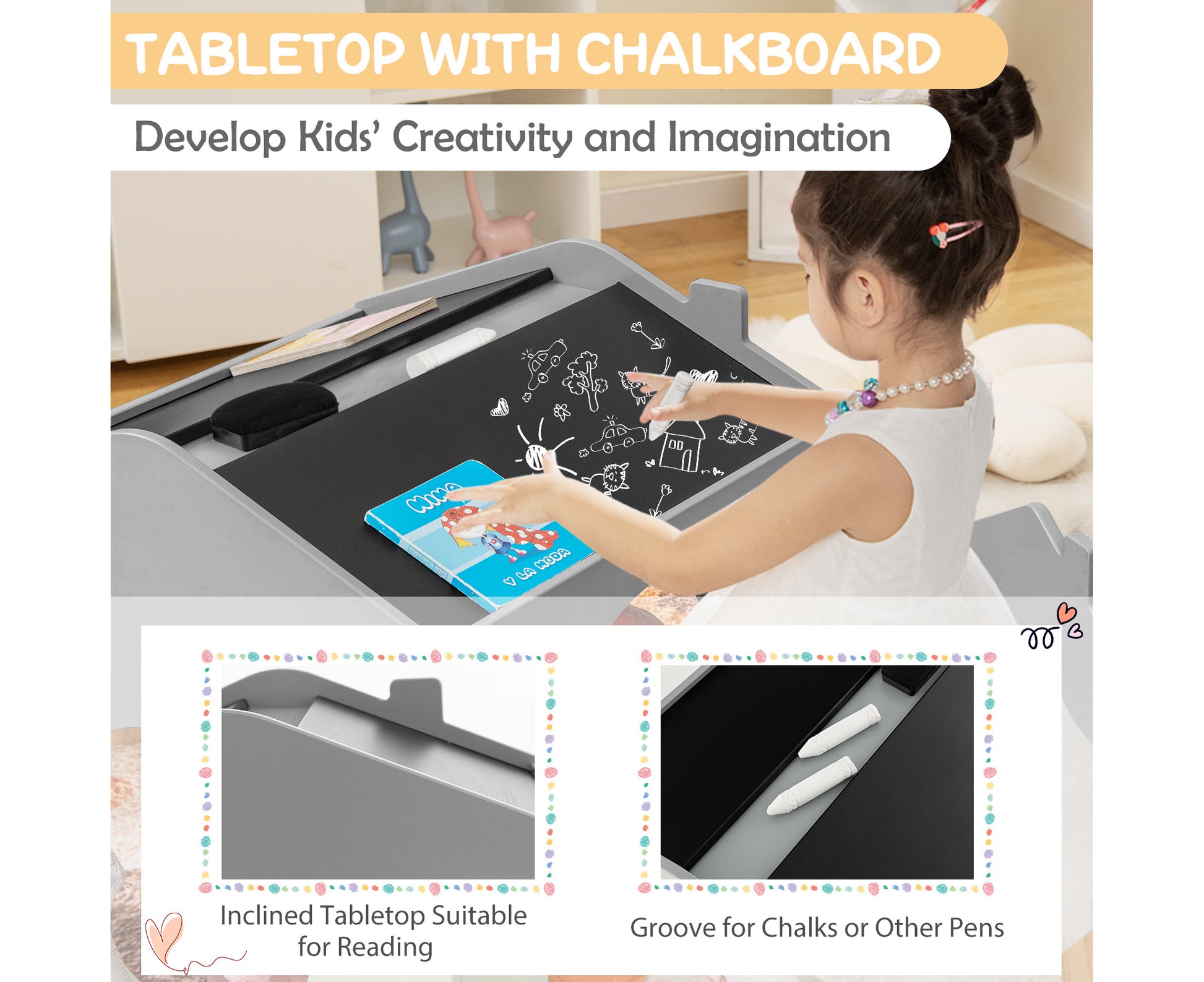 Kids Table & Chair Set 3 Pieces Wooden Activity Desk Set W/Chalkboards Children Furniture Play Set Gift for Boys & Girls Grey