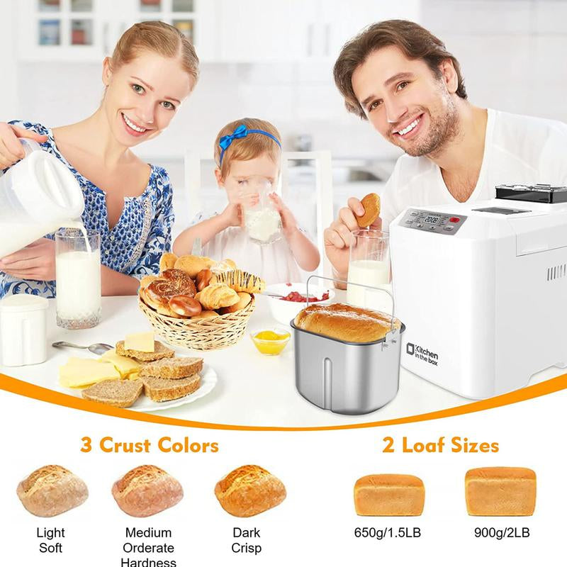 Automatic Bread Maker, up to 2LB, 12-In-1 Bread Machine with Auto Fruit Nut Dispenser, 13 H Timer, 1 H Keep Warm, Gluten-Free, 3 Crust Colors, White