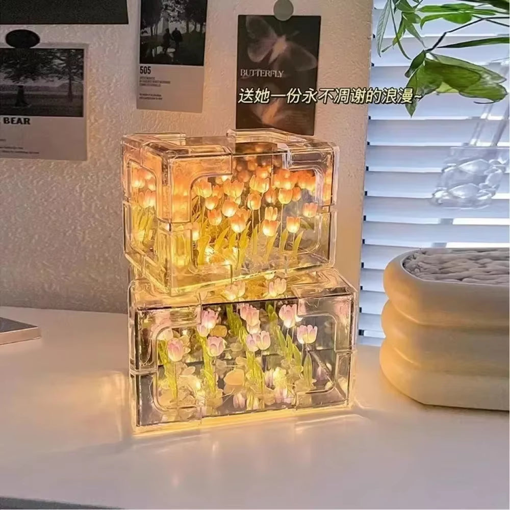 Creative Diy Tulip Flower Sea Cube Three-Dimensional Small Night Lamp Material Package for Girlfriend Couple Girlfriend