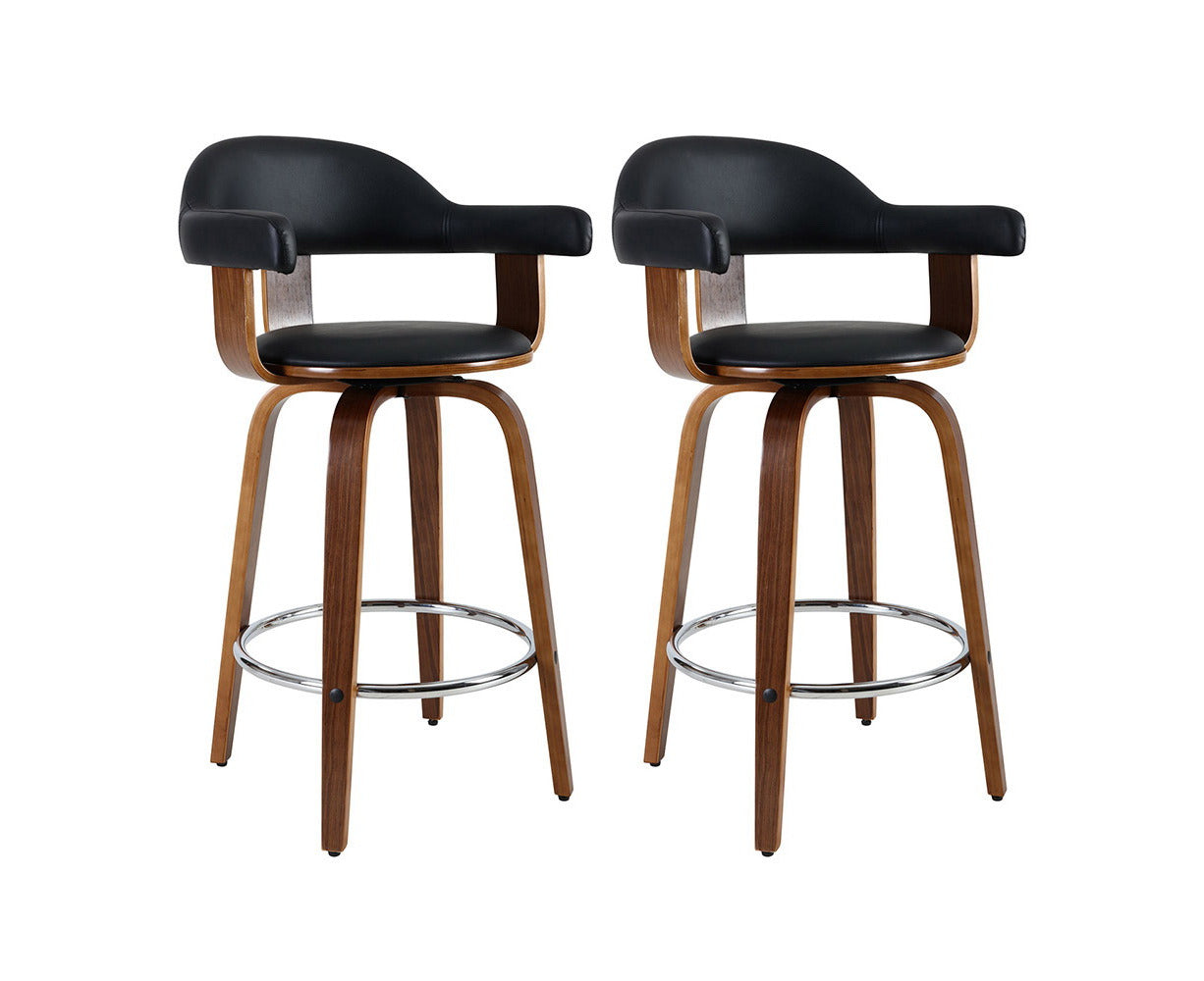 2X Bar Stools Leather Seat Wooden Legs