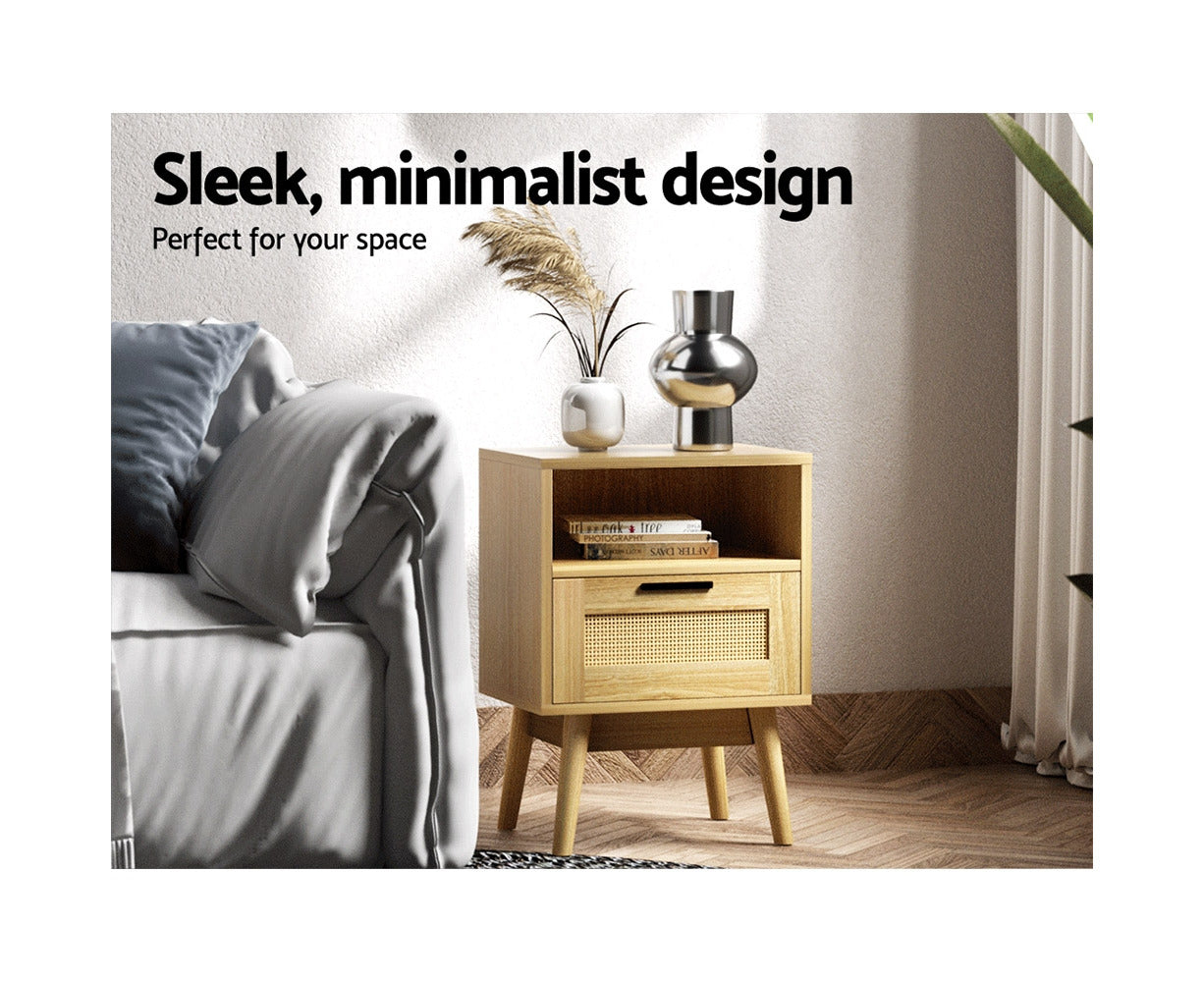 Rattan Bedside Table 1 Drawer with Shelf - REI Oak