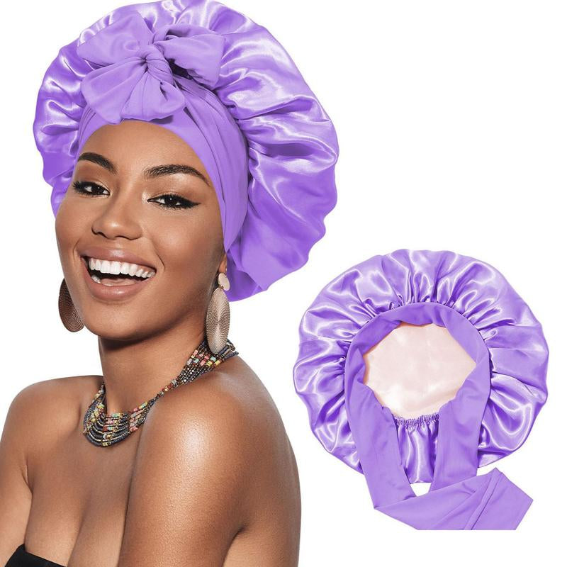 Double Layer Satin Bonnet with Elastic Tie Band - Silk-Like Texture Sleep Cap for Curly Hair, Hair Bonnets for Sleeping, Nightcap Gifts for Women