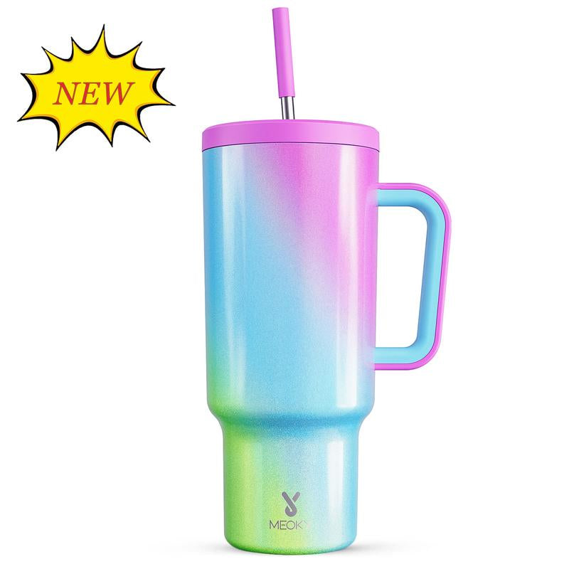 【24 Hour Shipping】Meoky Large-Capacity Stainless Steel Car Cup, Reusable Stainless Steel Straw, Anti-Slip and Noise-Reducing Silicone Pad, Tumbler Travel Mug/Cold Water for 24 Hours or Hot Water for 8 Hours,Suitable for Sports, Office, Christmas Gifts