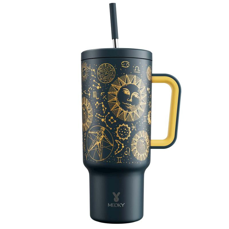 【24 Hour Shipping】Meoky Large-Capacity Stainless Steel Car Cup, Reusable Stainless Steel Straw, Anti-Slip and Noise-Reducing Silicone Pad, Tumbler Travel Mug/Cold Water for 24 Hours or Hot Water for 8 Hours,Suitable for Sports, Office, Christmas Gifts