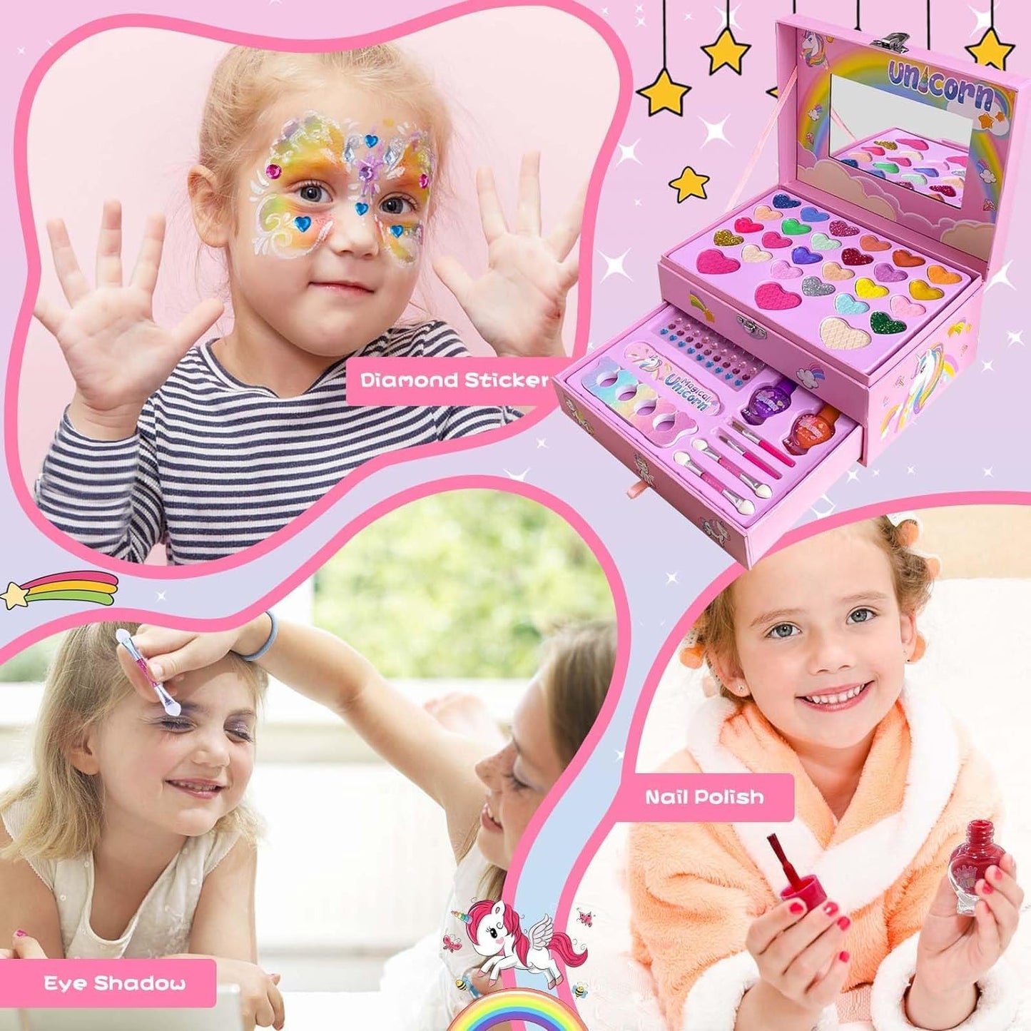 Kids Makeup Kit for Girl with Unicorn Box, Princess Toys Real Washable Cosmetic Set with Mirror & Rings, Safe & Non-Toxic, Play Make up Birthday Gifts for 3 4 5 6 7 8 9 10 11 12 Years Old Kid (Pink)